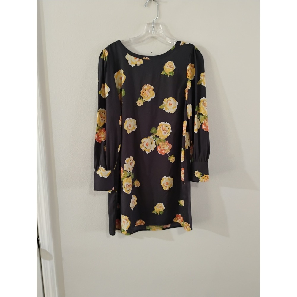 Loft Floral Rose Print Long Sleeve Shift Dress Petite Small Black Yellow